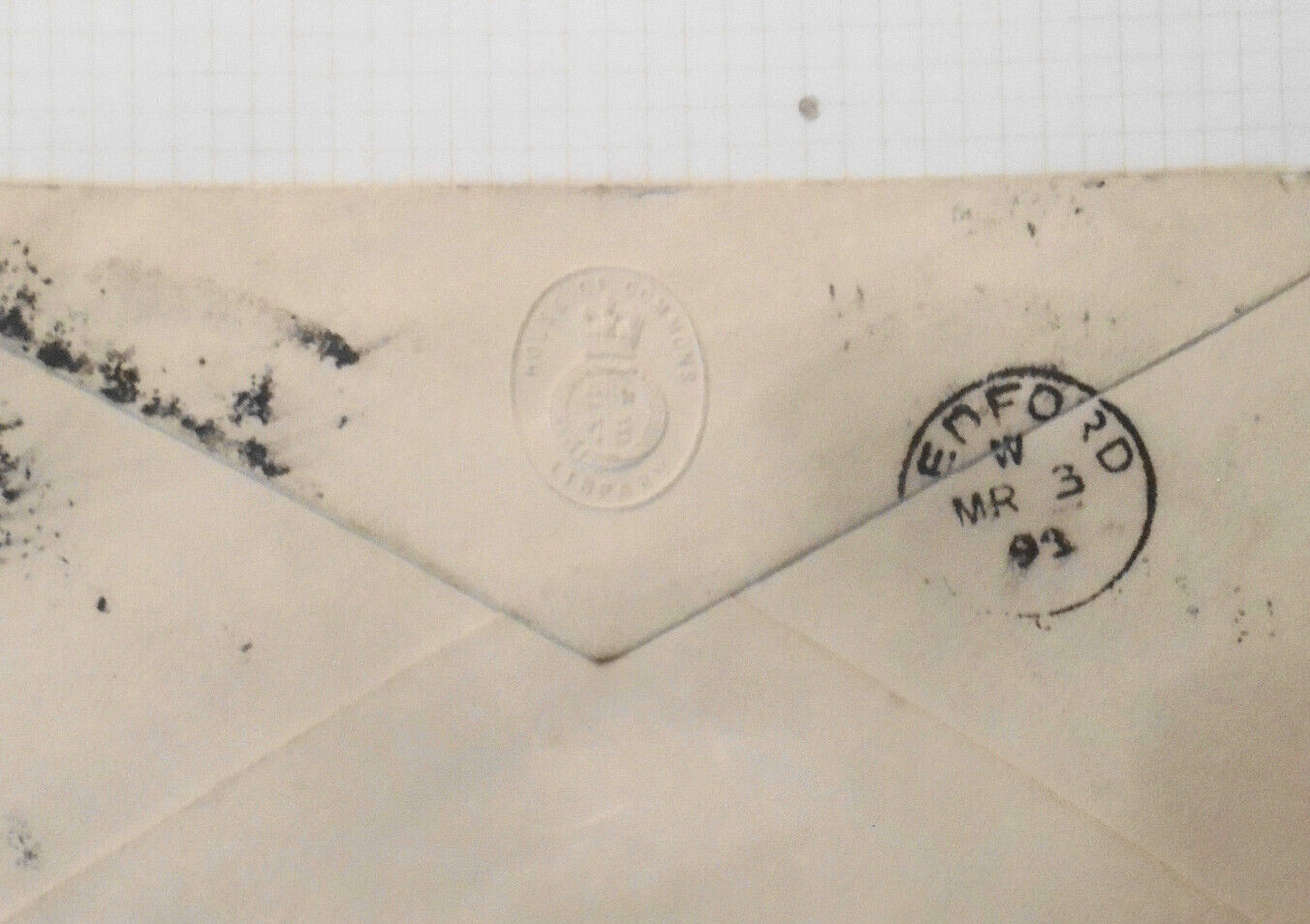 1893 House of Commons Library seal - embossed on flap of postal cover