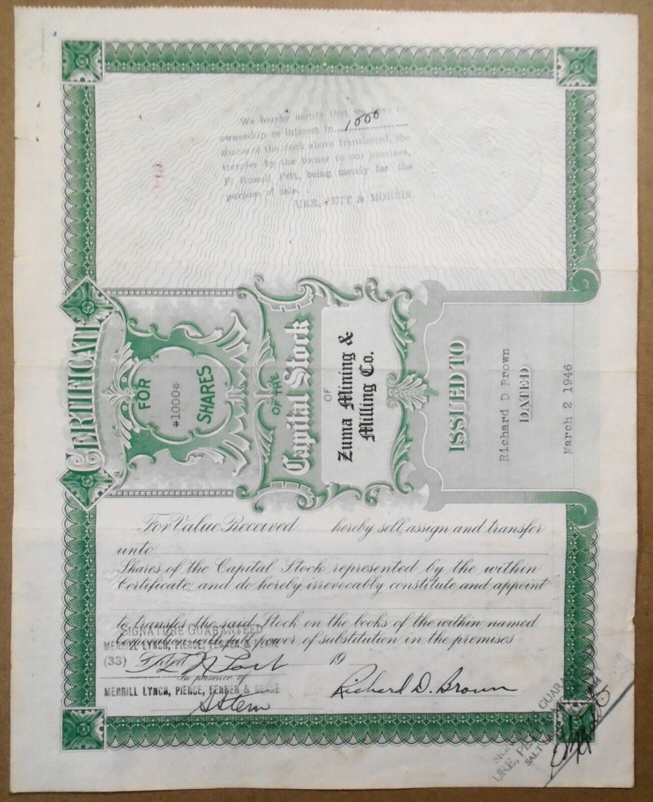 Zuma Mining & Milling Company - Stock Certificate, March 2, 1946