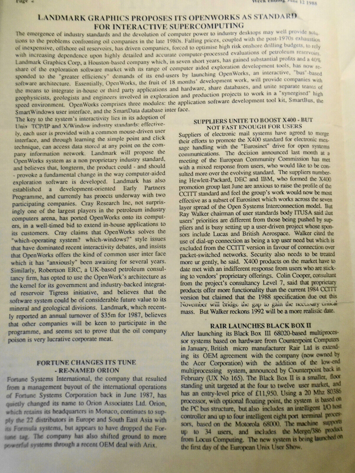 Unigram-X, #183 - June 12, 1988 - London weekly for UNIX manufacturers, et al