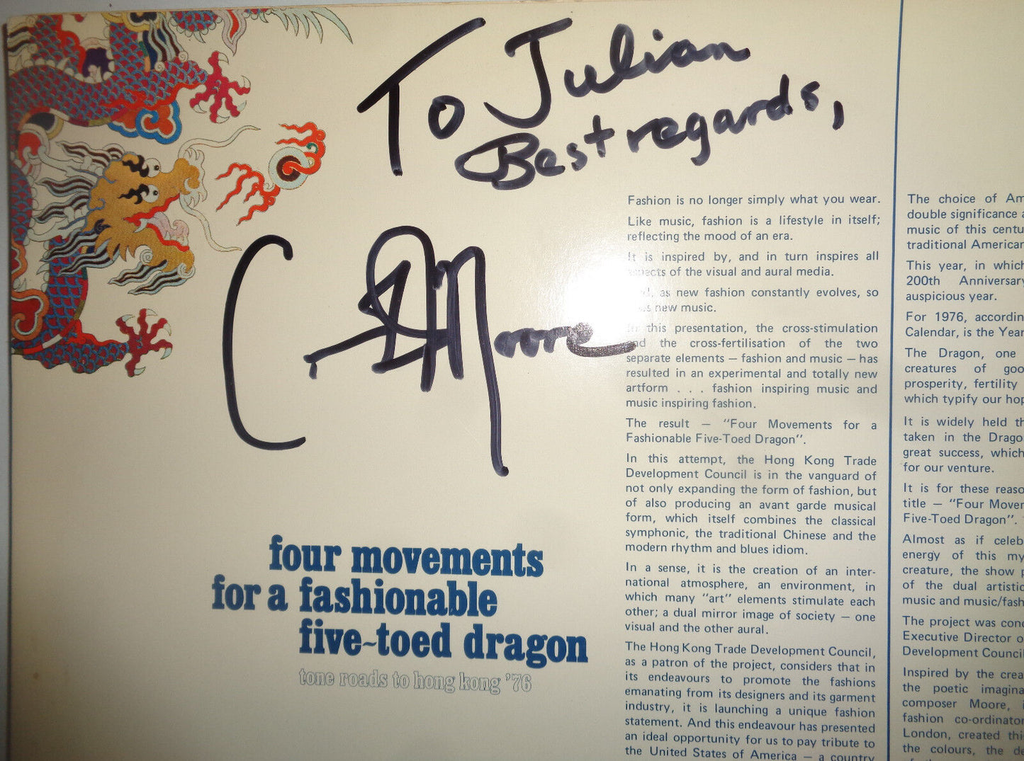 SIGNED Carman Moore ‎– Four Movements For A Fashionable Five-Toed Dragon LP