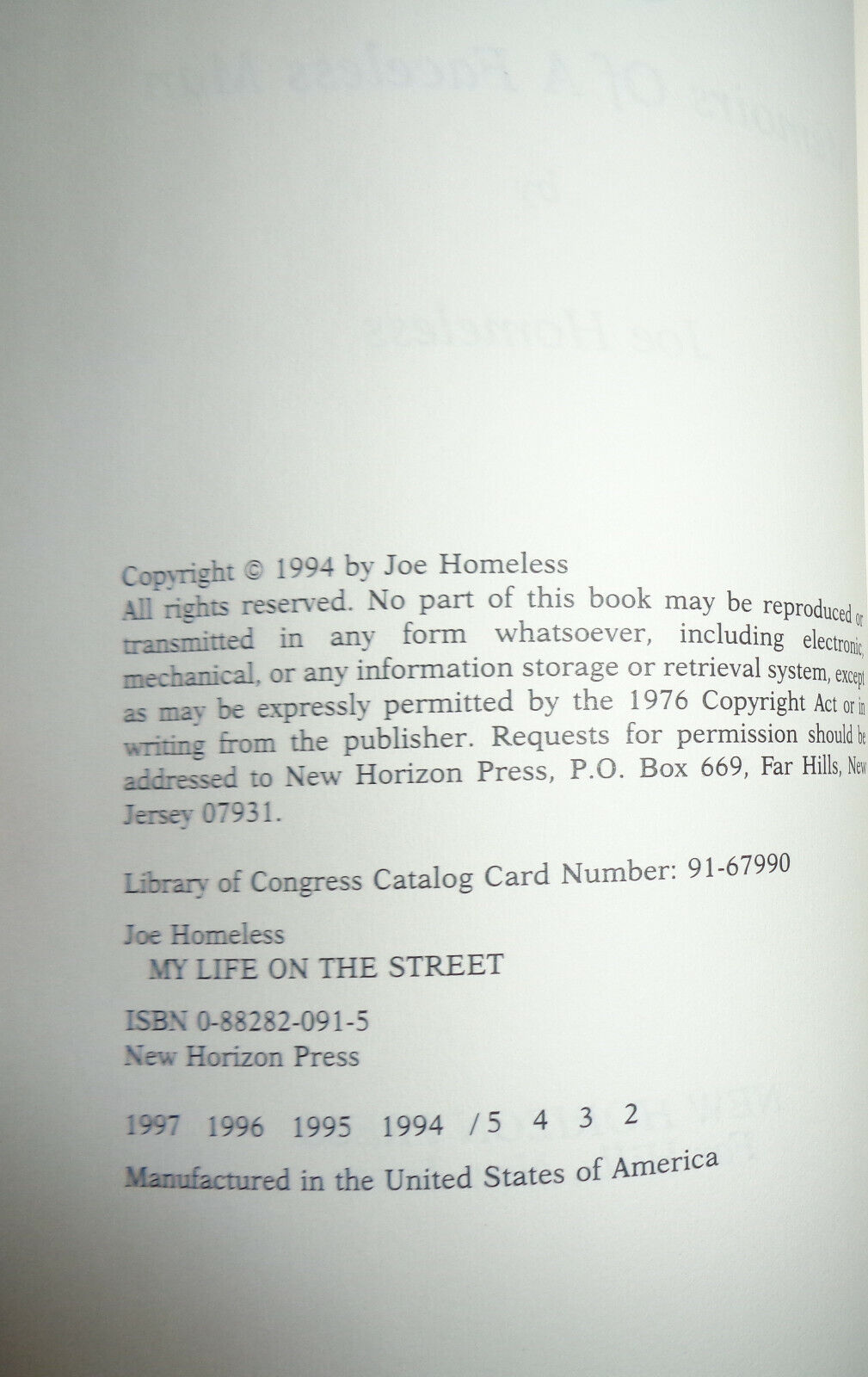 Joe Homeless - My Life On The Street - SIGNED / INSCRIBED by author 1994