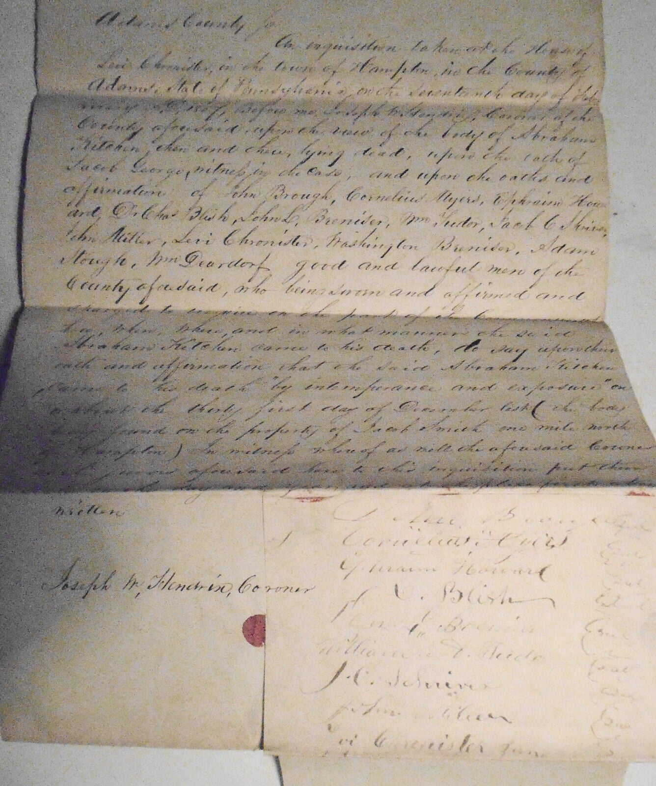 1857  Inquisition on body of Abraham Kitchen from intemperance - Adams County PA