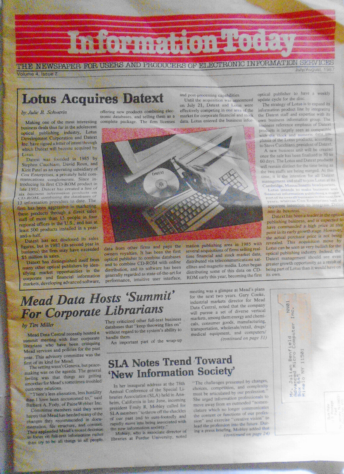 Information Today, July/Aug 1987 - for users of Electronic Information services