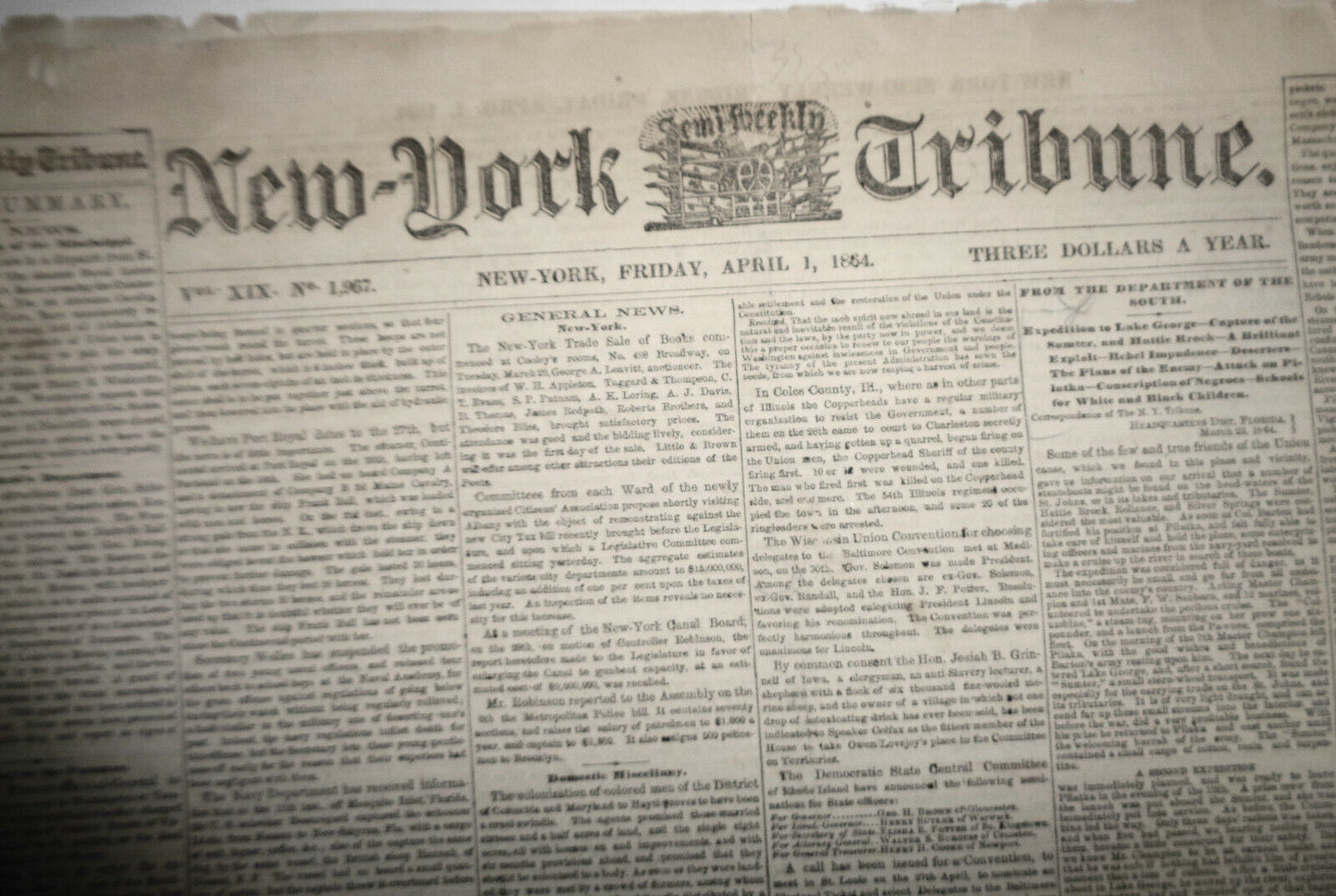 NEW YORK TRIBUNE - APRIL 1, 1864 - Civil War- Enlistment of Negro Troops.