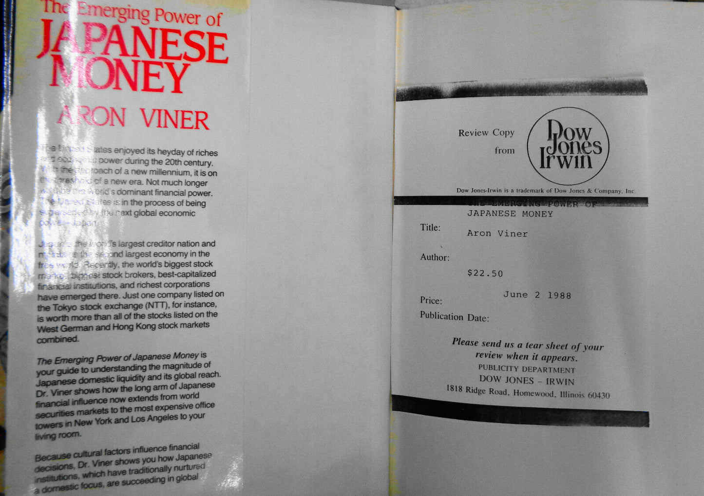 The Emerging Power of Japanese Money by Aron Viner. 1988 Hardcover First edition