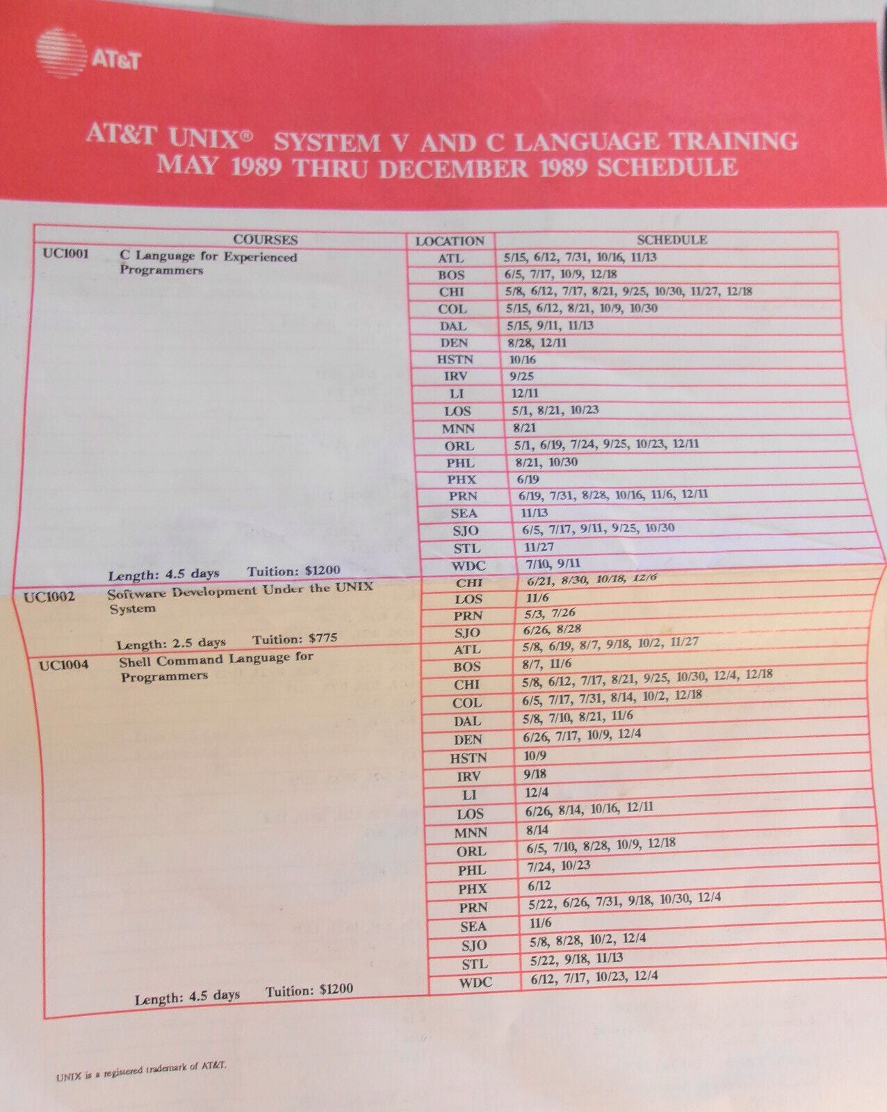 AT&T Computer Training 1989 - UNIX & C + Business apps - 2 brochures & Flyer
