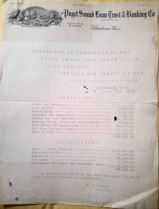 1891 Puget Sound Loan Trust & Banking Co., Whatcom, WA  Statement of Condition