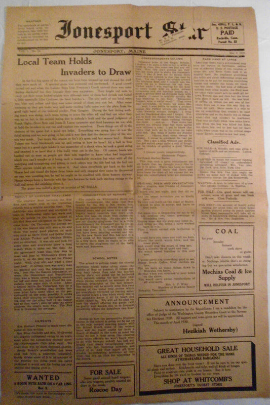 Jonesport Star, May 8, 1930 - Baseball - Local team draws first game of season