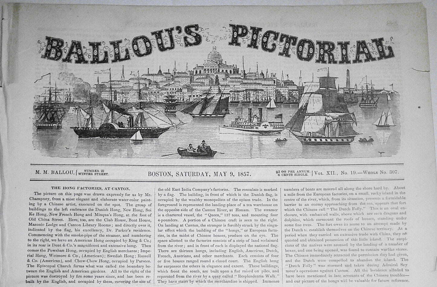 The Hong Kong Factories at Canton - Ballou's Pictorial May 9, 1857 Print & Story