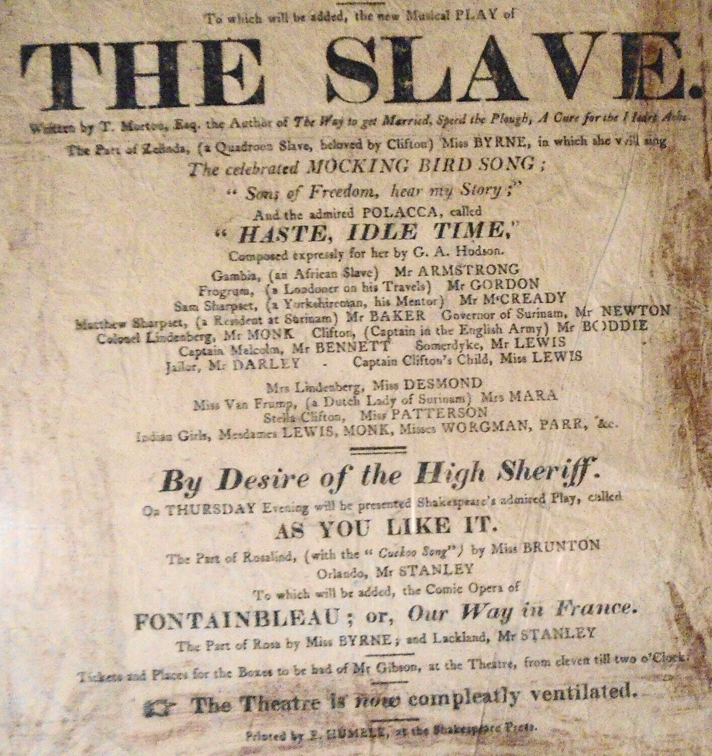 1818 She Stoops To Conquer & The Slave  - Broadside Playbill - Theatre Royal UK