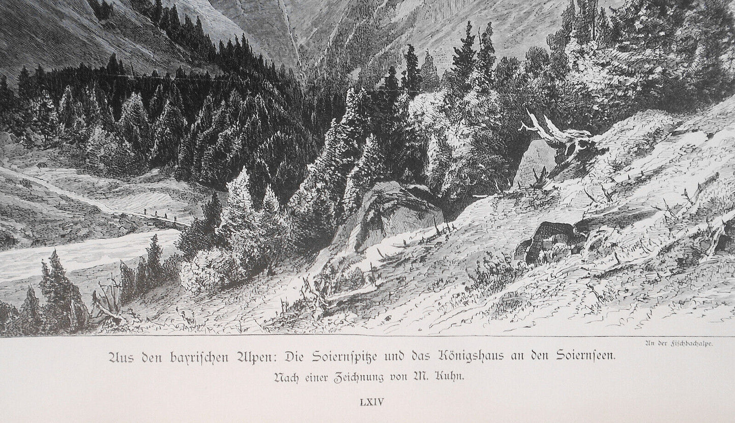 Aus den Bayrischen Alpen, von  M. Kuhn -- 1886 -- Original antique print. 16x11"