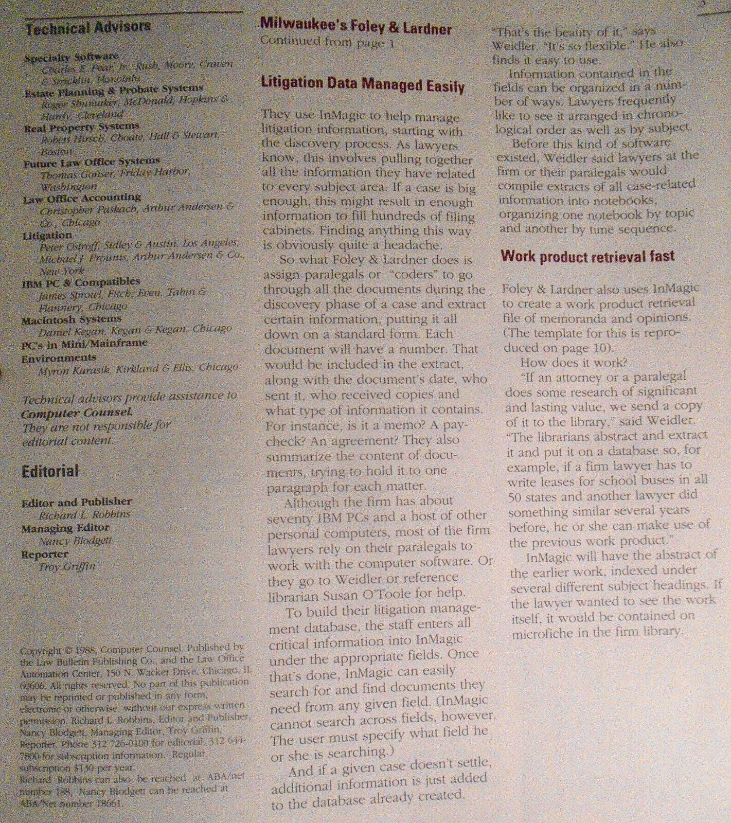 Computer Counsel, January 1989. By Law Bulletin Publishing Co.
