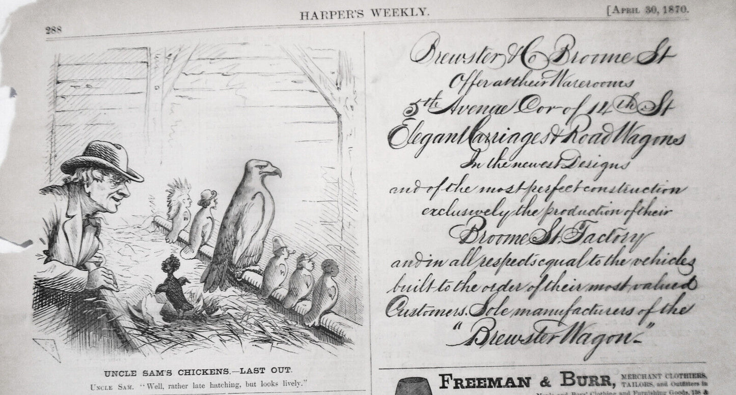 Uncle Sam's Chickens - Last Out. Harper's Weekly, April 30, 1870.