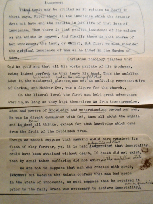 Graham Landrum essay on Innocence - original typed and handwritten manuscript.