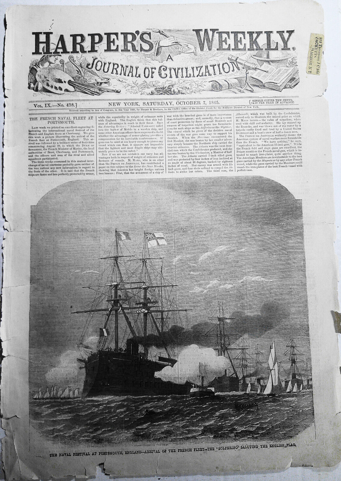 The Naval Festival at Portsmouth - arrival of French fleet. Harper's Weekly 1865