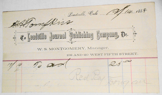 1888 Billhead receipt,  Leadville Journal Publishing Co., Colorado