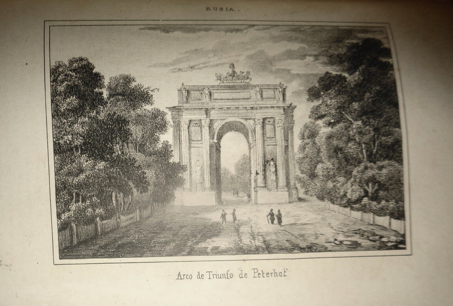 1840 Rusia - Arco de Triunfo de Peterhof - engraving. El universo pintoresco