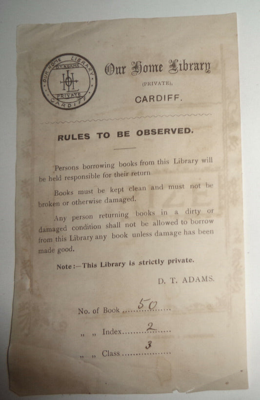 Cardiff, Our Home Library (Private) Ex Libris bookplate, ca 1908 by D. T. Adams