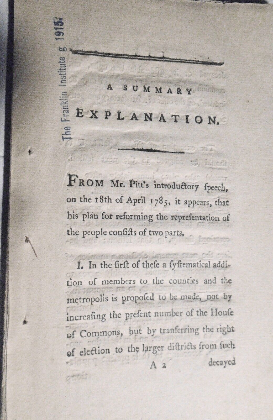 1785 A summary explanation of the principles of Mr. Pitt's intended bill ...