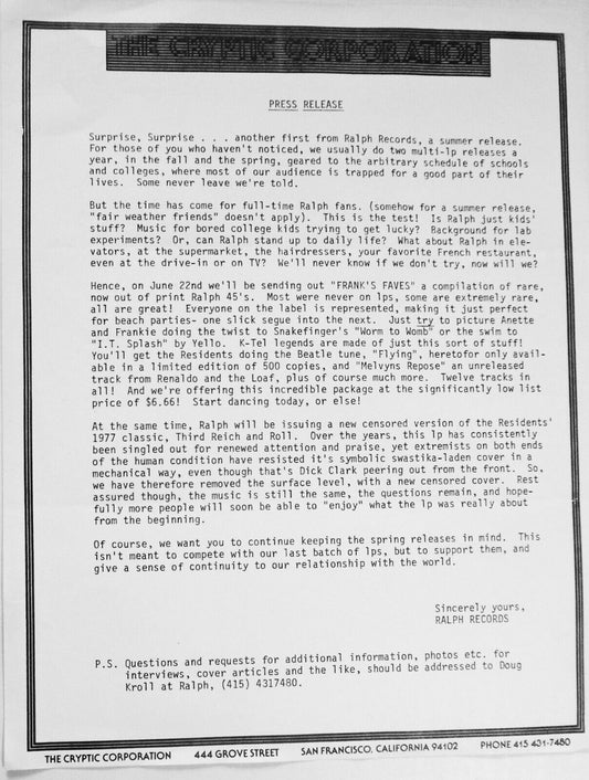 Cryptic Corporation / Ralph Records Press Release for "Frank's Faves" ca 1981
