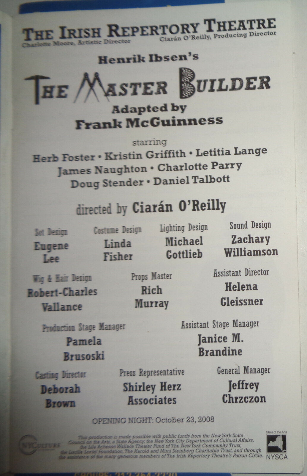 THE MASTER BUILDER, PROGRAM, OPENING NIGHT: OCT 23, 2008 Irish Repertory Theatre