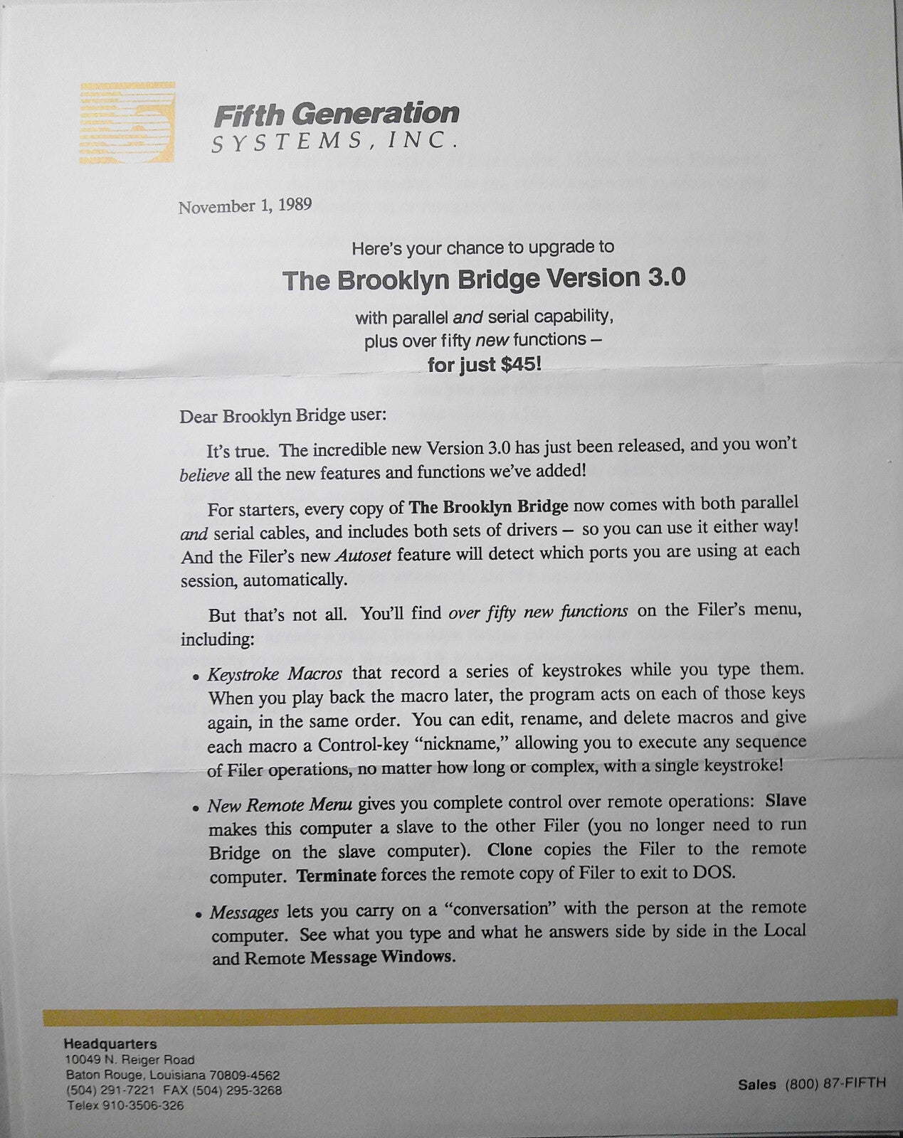 1987 The Brooklyn Bridge, by White Crane  Systems - 2 brochures, press release.