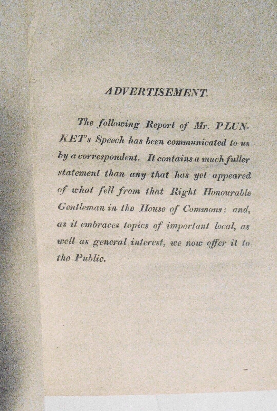 1819 Substance of speech of Right Honourable W.C. Plunket in House of Commons