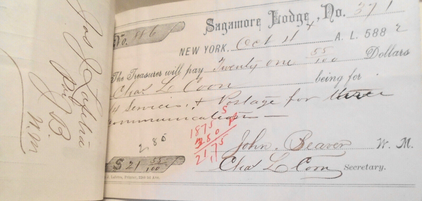 1882 Twenty-four original handwritten receipts - Masonic Sagamore Lodge New York