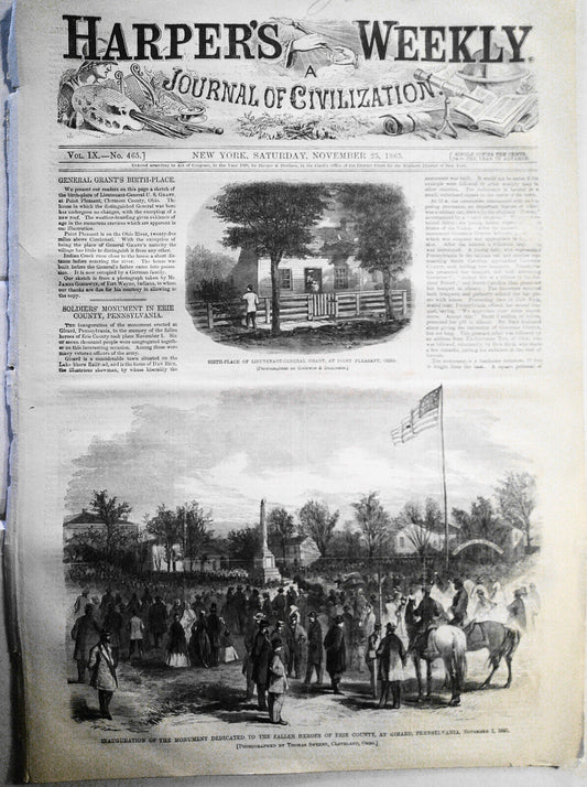 General Grant's Birth-place & Erie monument - Harper's Weekly  November 25, 1865