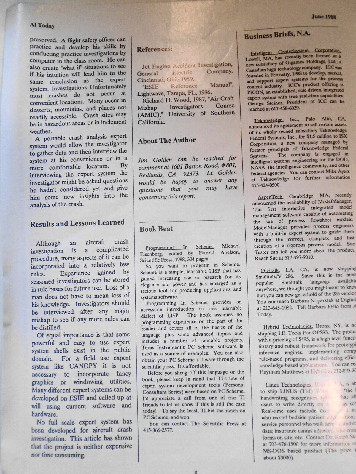 AI Today June 1988. Artificial intelligence, expert systems, natural language...