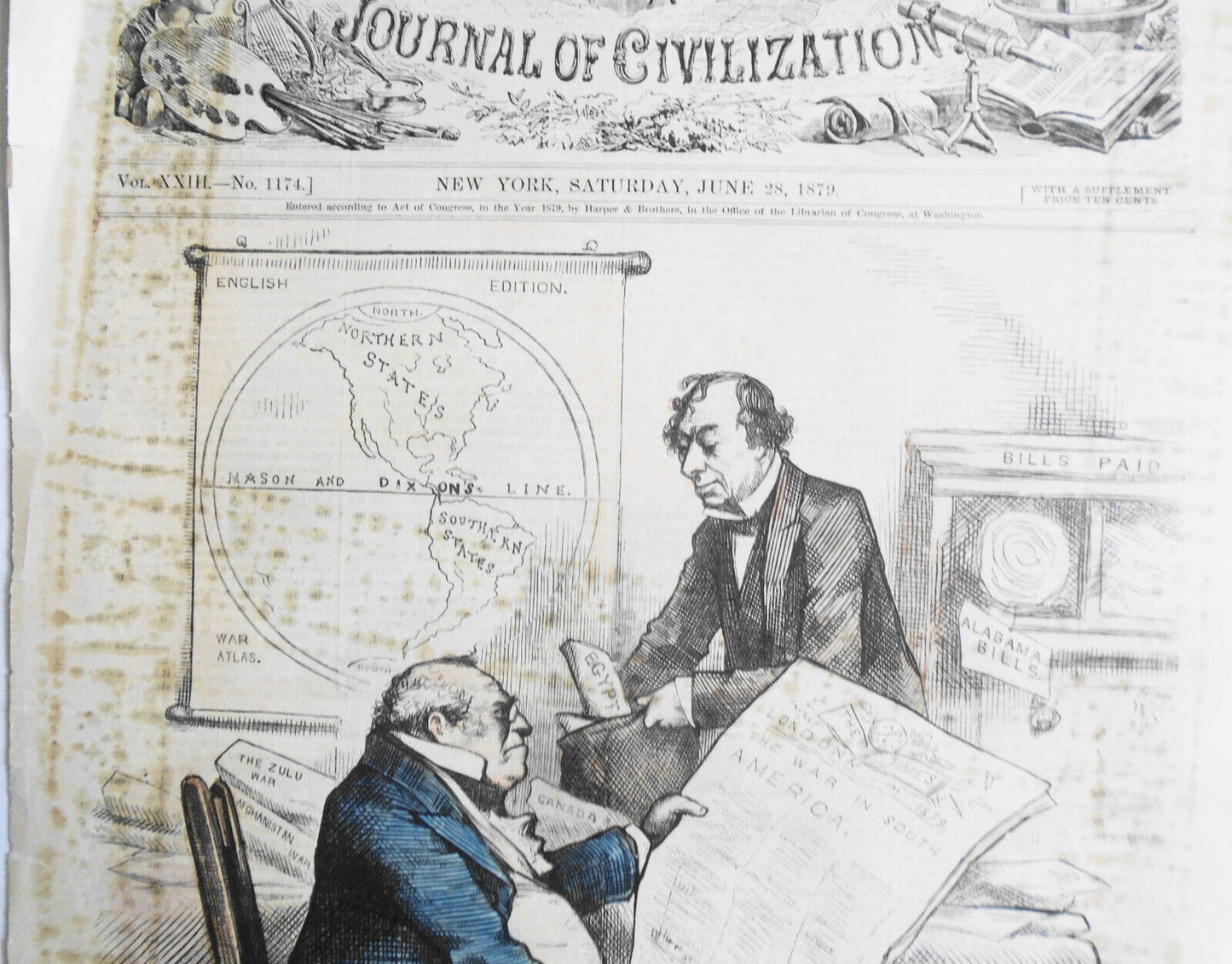 English geography. John Bull. By Thomas Nast. Harper's Weekly 1879. Hand-colored