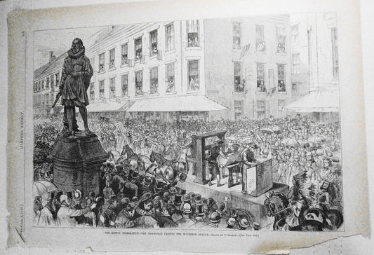 The Boston celebration - the procession passing the Winthrop statue. HW, 1880
