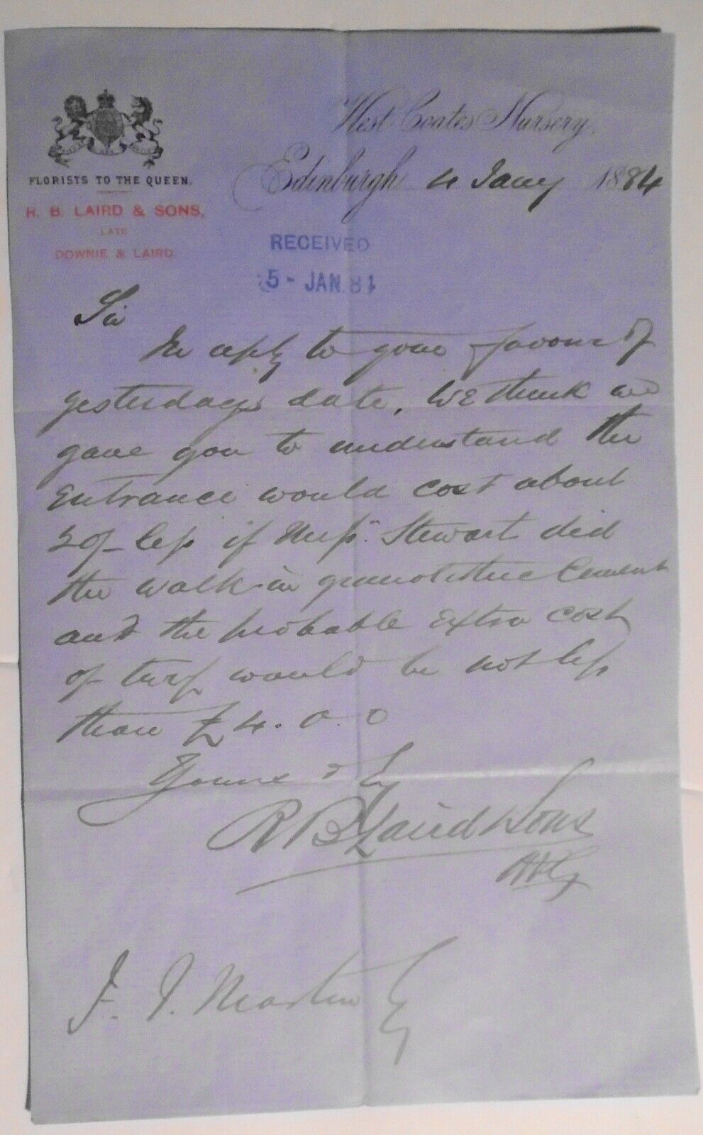 ALS, signed by R. B. Blaird, Florist to the Queen Victoria - 1884