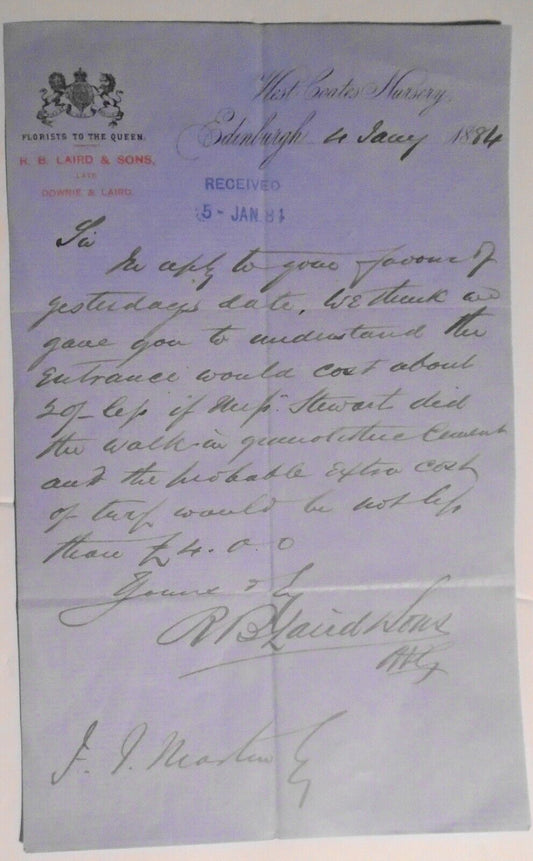 ALS, signed by R. B. Blaird, Florist to the Queen Victoria - 1884