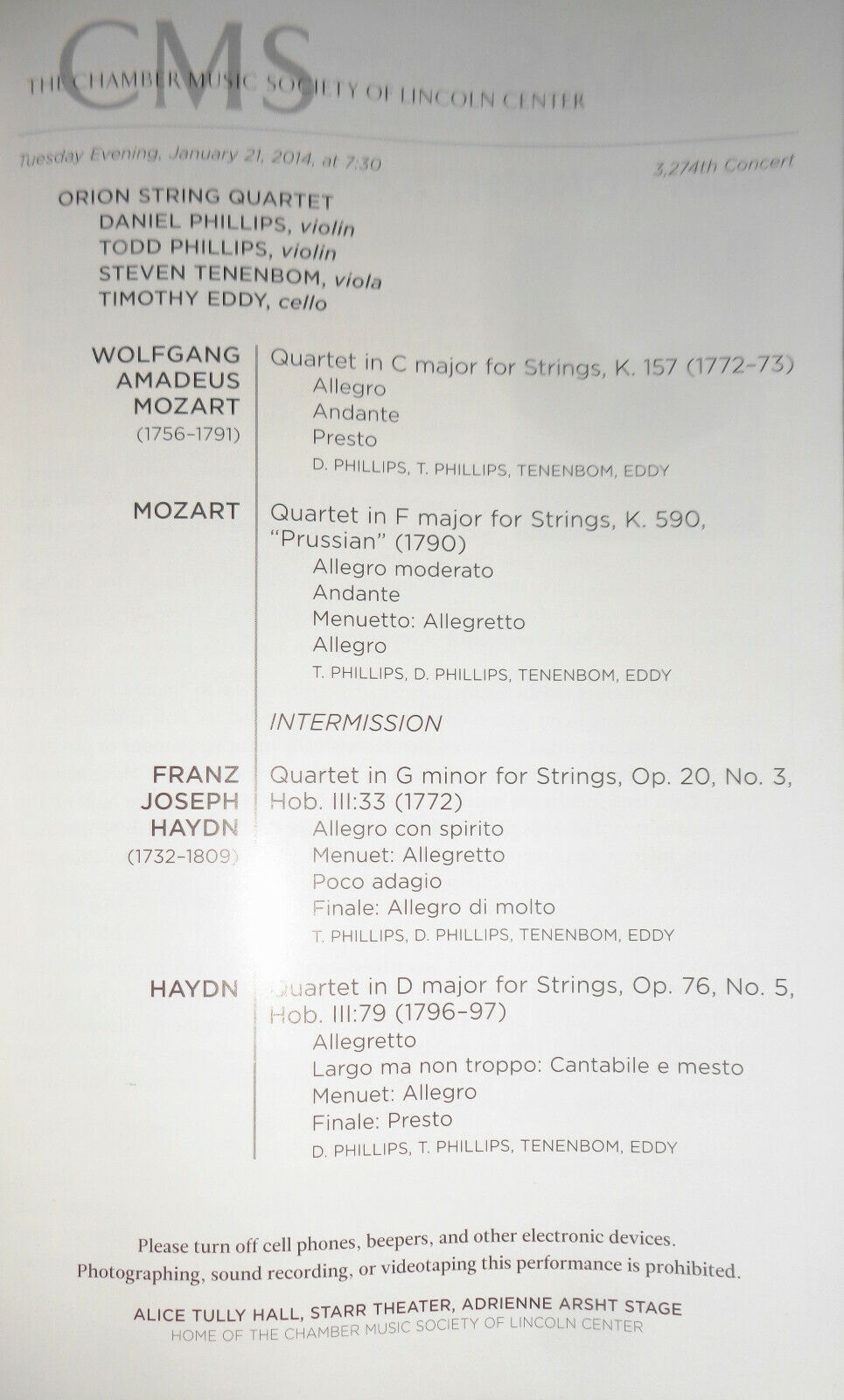 9 Chamber Music Sociery Playbills lot, 2014-15 Lincoln Center, NYC