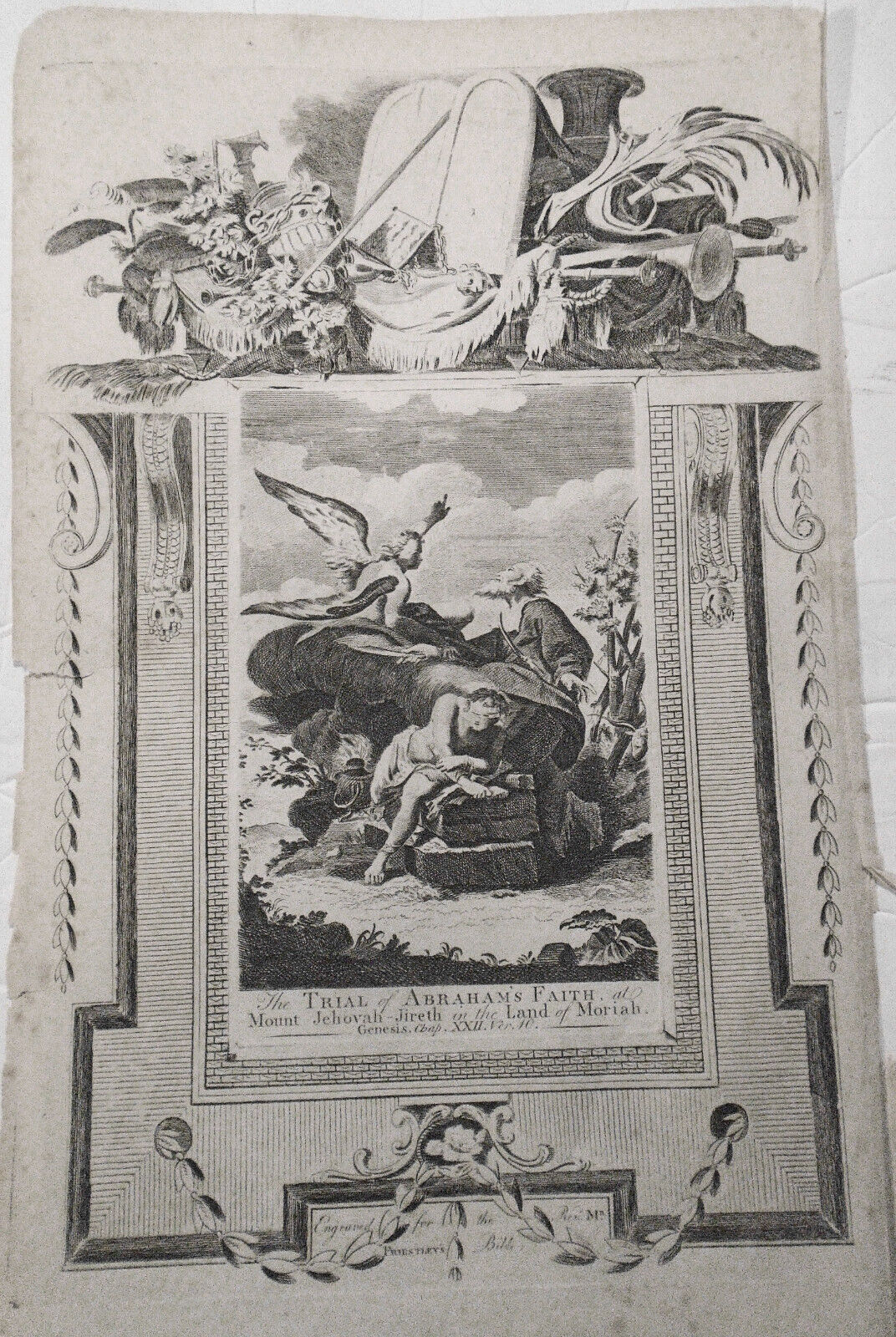 1791 The Trial Of Abraham's Faith at Mount Jehovah - Engraving, Priestley Bible