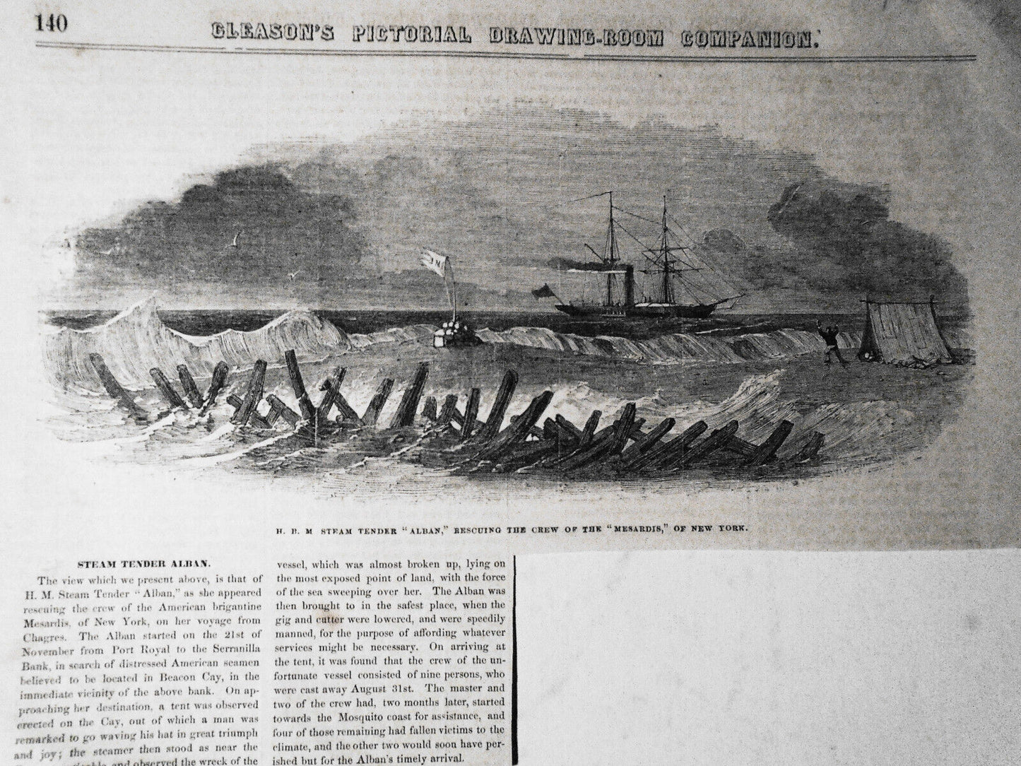 H.B.M. Steam Tender "Alban" Rescuing The Crew Of The "Mesardis" - Gleason's 1852