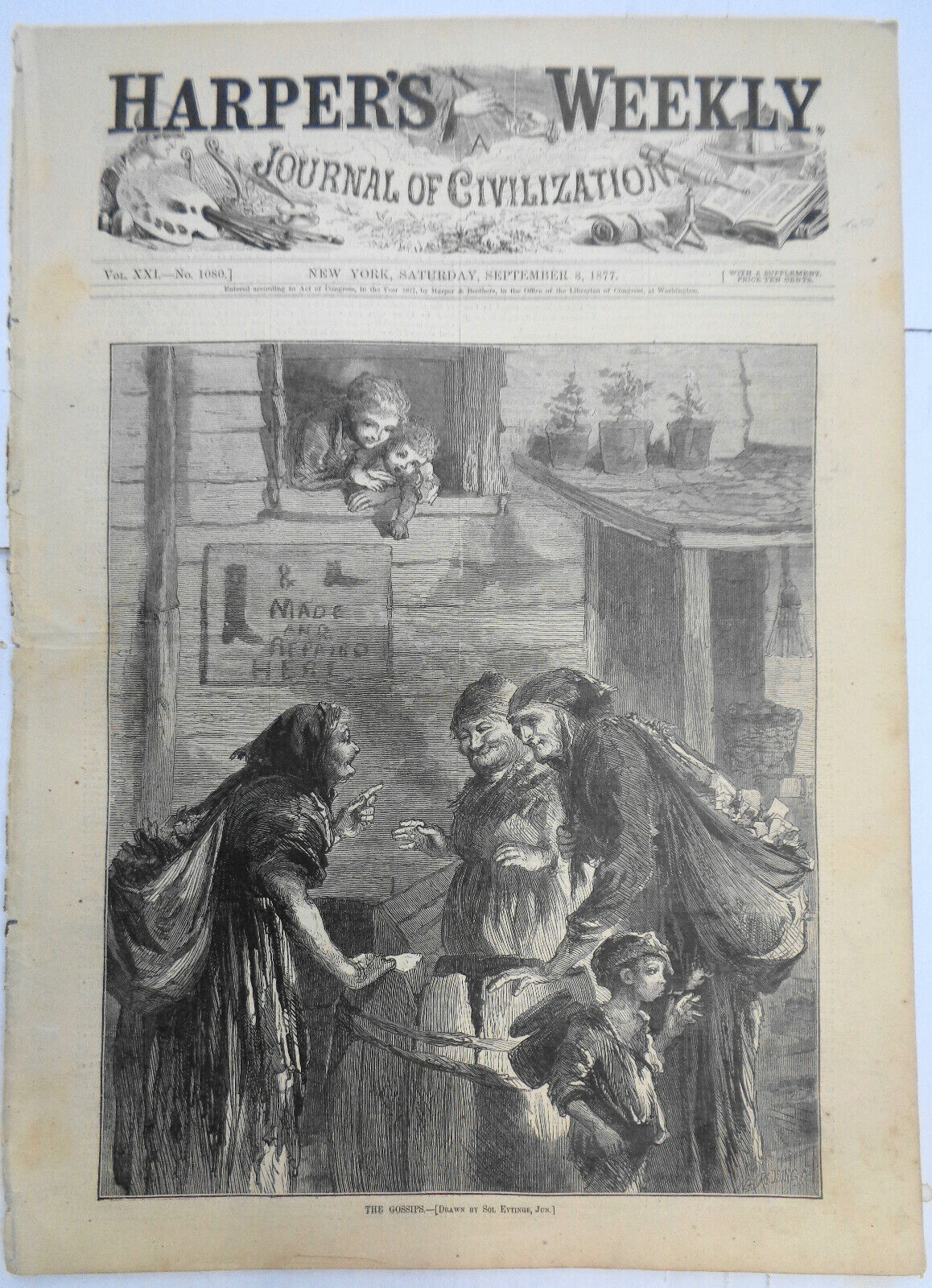 HARPER'S WEEKLY - SEPT 8, 1877 - ORIG COMPLETE ISSUE - ON COVER: "THE GOSSIPS"