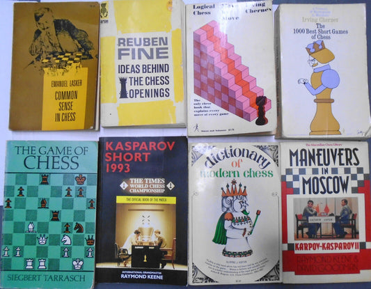8 Chess books lot - classics and Kasparov books. Lasker, Fine, Tarrasch, et al