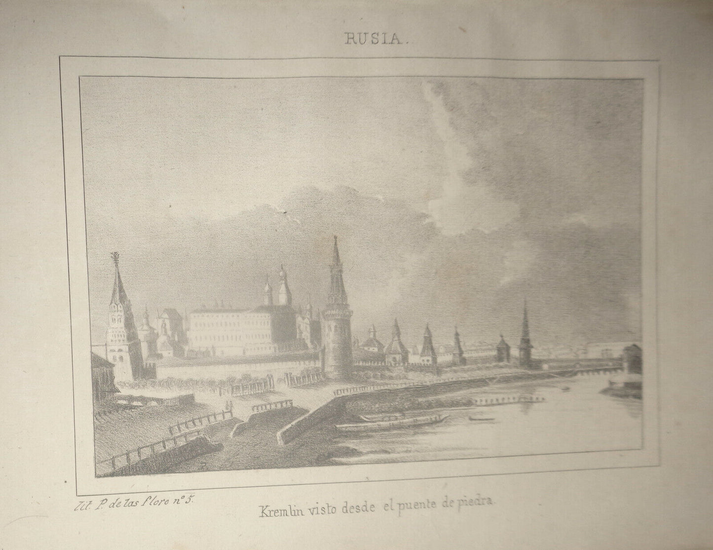 1840 Rusia - Kremlin visto desde el puente de piedra - engraving. Chopin.