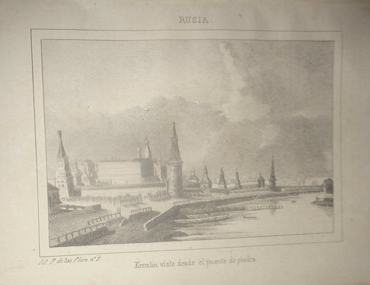 1840 Rusia - Kremlin visto desde el puente de piedra - engraving. Chopin.