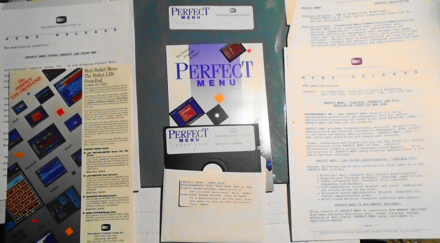Perfect Menu - LAN Front-End Menu Program (with e-mail). IBM 5 1/4" Demo Program