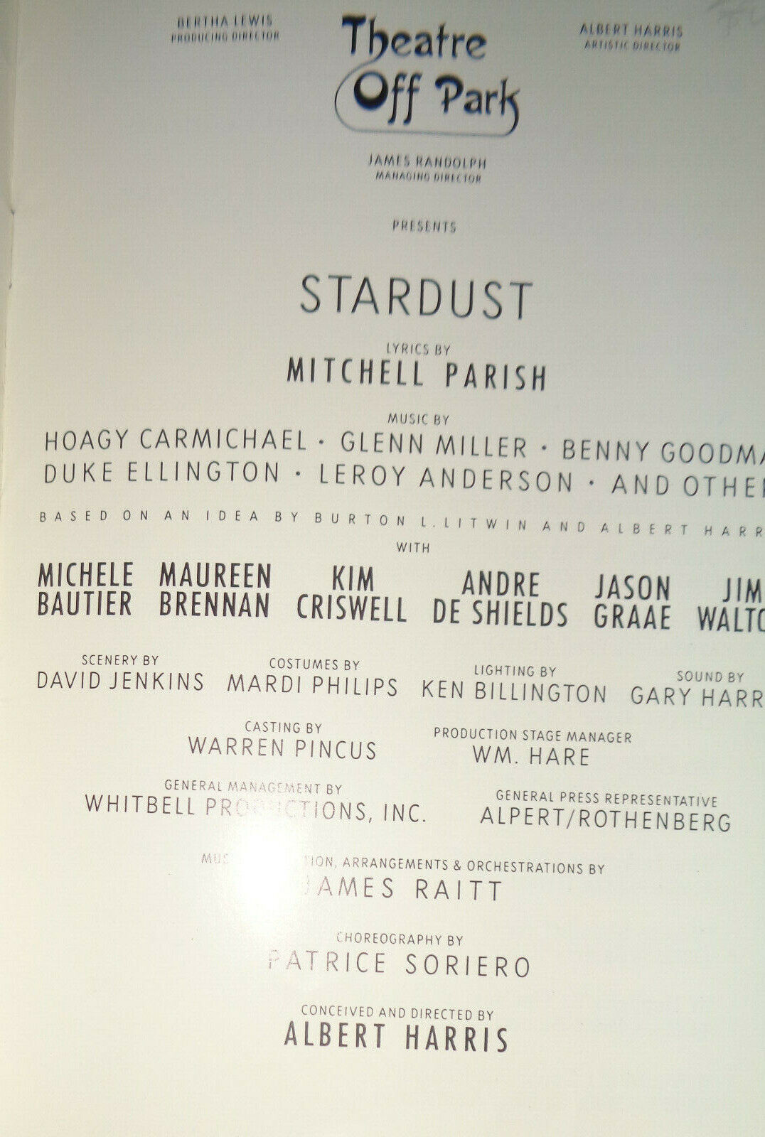 STARDUST - PROGRAM - THEATRE OFF PARK, 1986 Off-Broadway