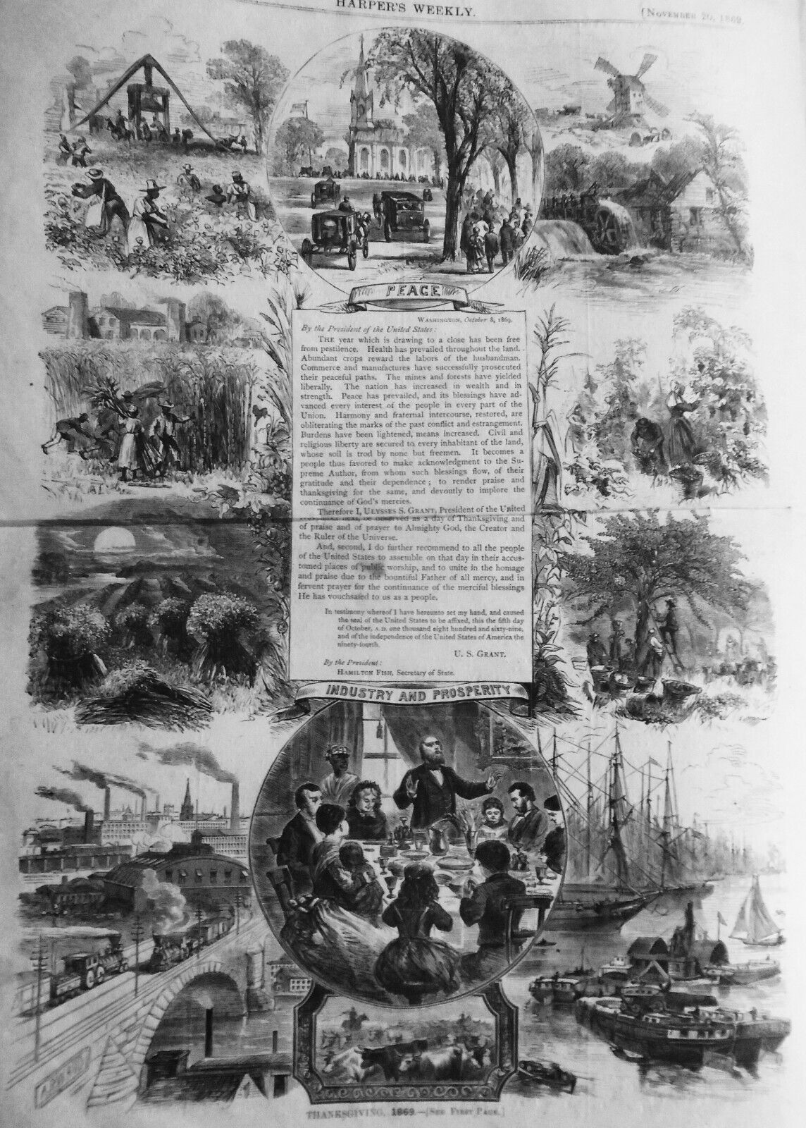 Harper's Weekly November 20, 1869 - Uncle Sam's Thanksgiving Dinner by Nast, etc