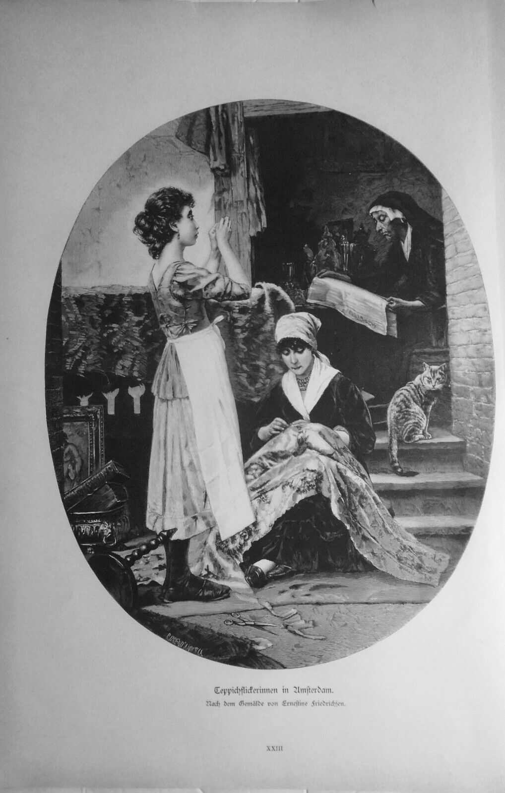 Teppichflickerinnen in Amsterdam, von Ernestine Friedrichsen  --  1884 original