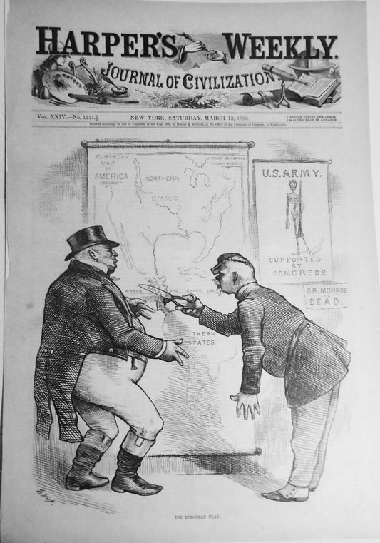 "The European Plan"  by Thomas Nast.  Harper's Weekly, March 13, 1880. Original.