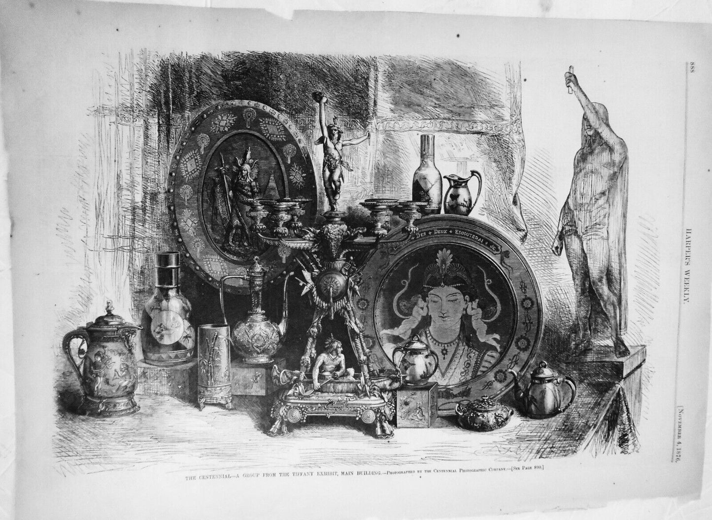 The Centennial - Group from the Tiffany Exhibit - Harper's Weekly, 1876 Original