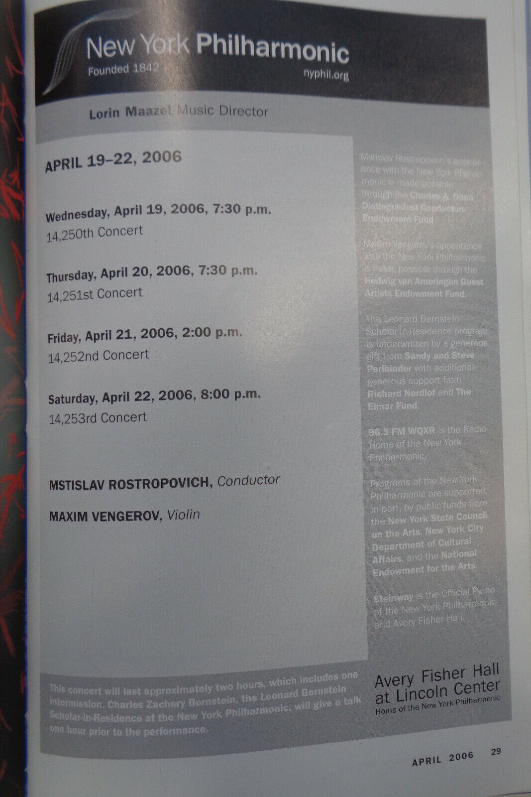 MSTISLAV ROSTROPOVICH, CONDUCTOR - NY PHILHARMONIC PLAYBILL, April 2006