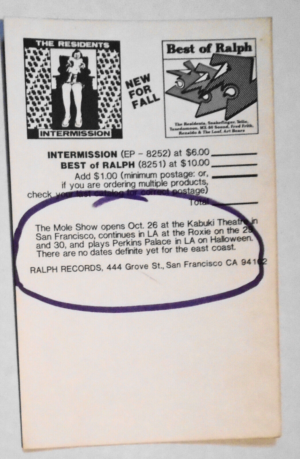 The Residents 1982 Fall Releases Promo Card - Mole Show, Best of Ralph...