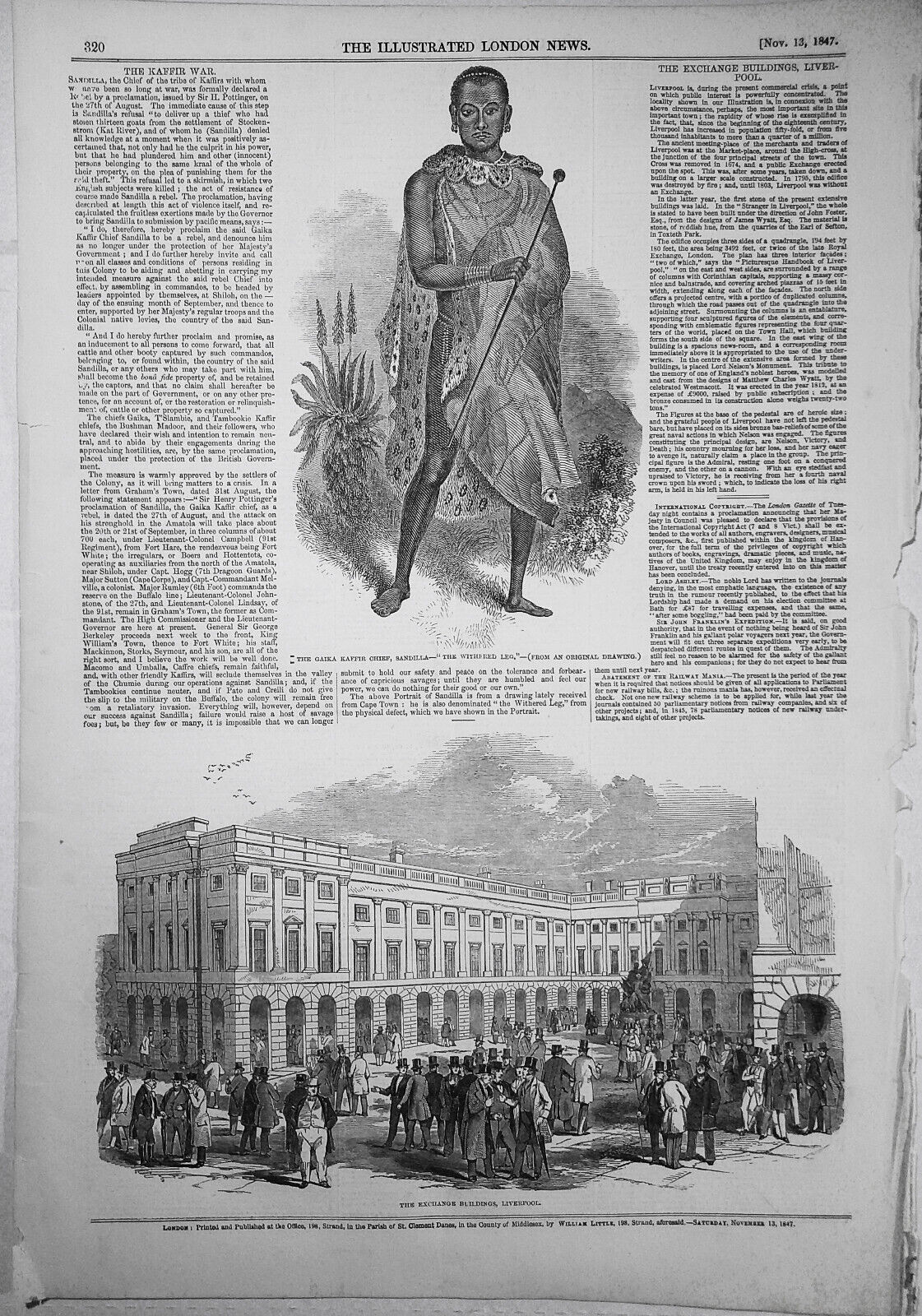 Sandilla, Chief of Kaffirs & Exchange Buildings. Illustrated London News, 1847